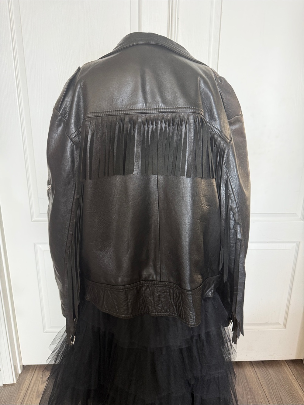Vintage 80s Leather Fringe Jacket
Medium 22x27 Asymmetrical
Zipper Black - Picture 7 of 16